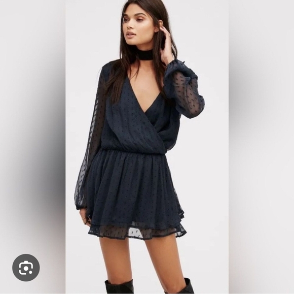 Free People Dresses & Skirts - Free People Black Long Sleeve Dahlia Drop Waist Dark Romantic Mini Dress Size S